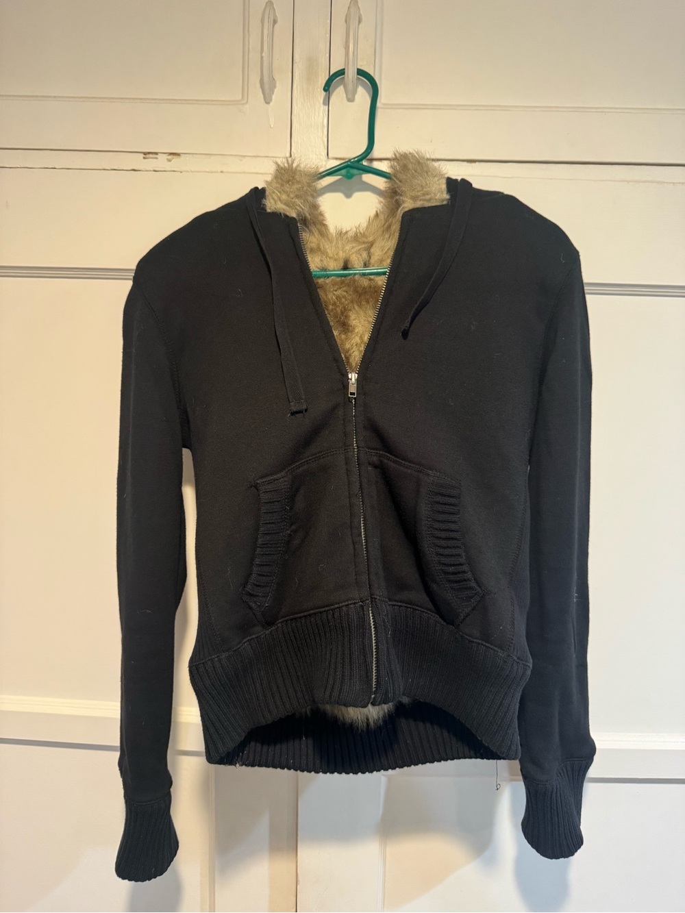 Black Zip-Up Hoodie with Faux Fur Lining